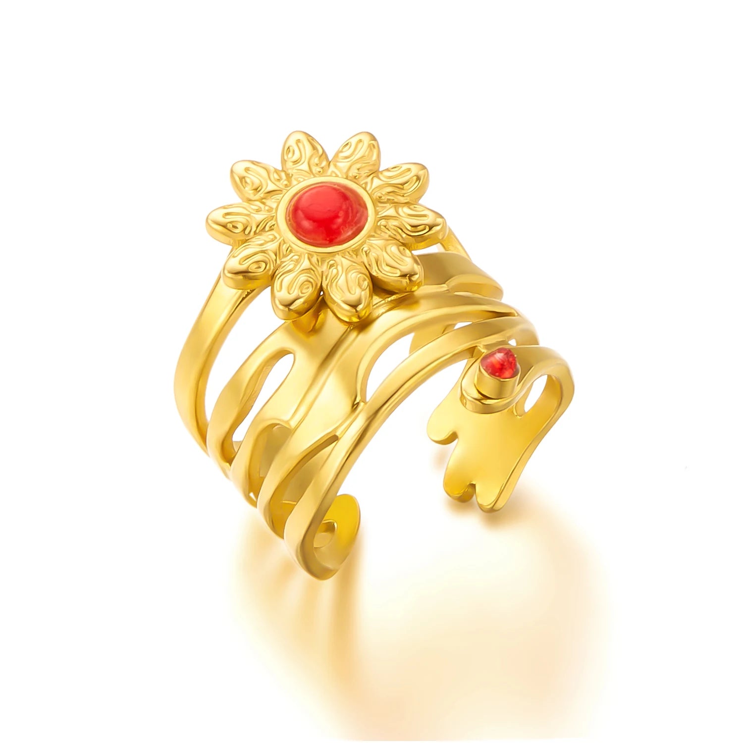 Gold Color Stainless Steel Ring for Women Colorful Leaf Daisy Flower Opal Opening Adjustable Finger Ring Wedding Jewelry Gift