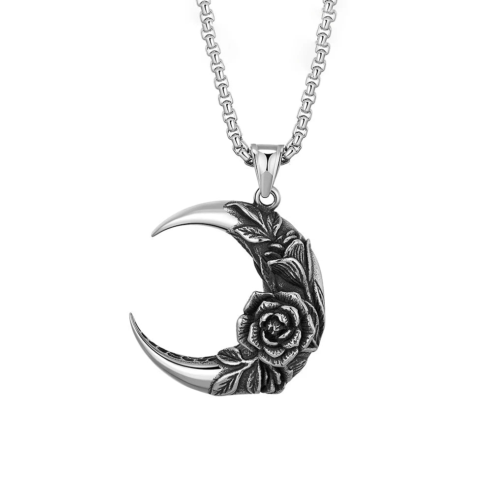 Punk Vintage 316L Stainless Steel Moon And Night Pendant With Rose For Men Women Biker Fashion Creative Jewelry Gifts Wholesale