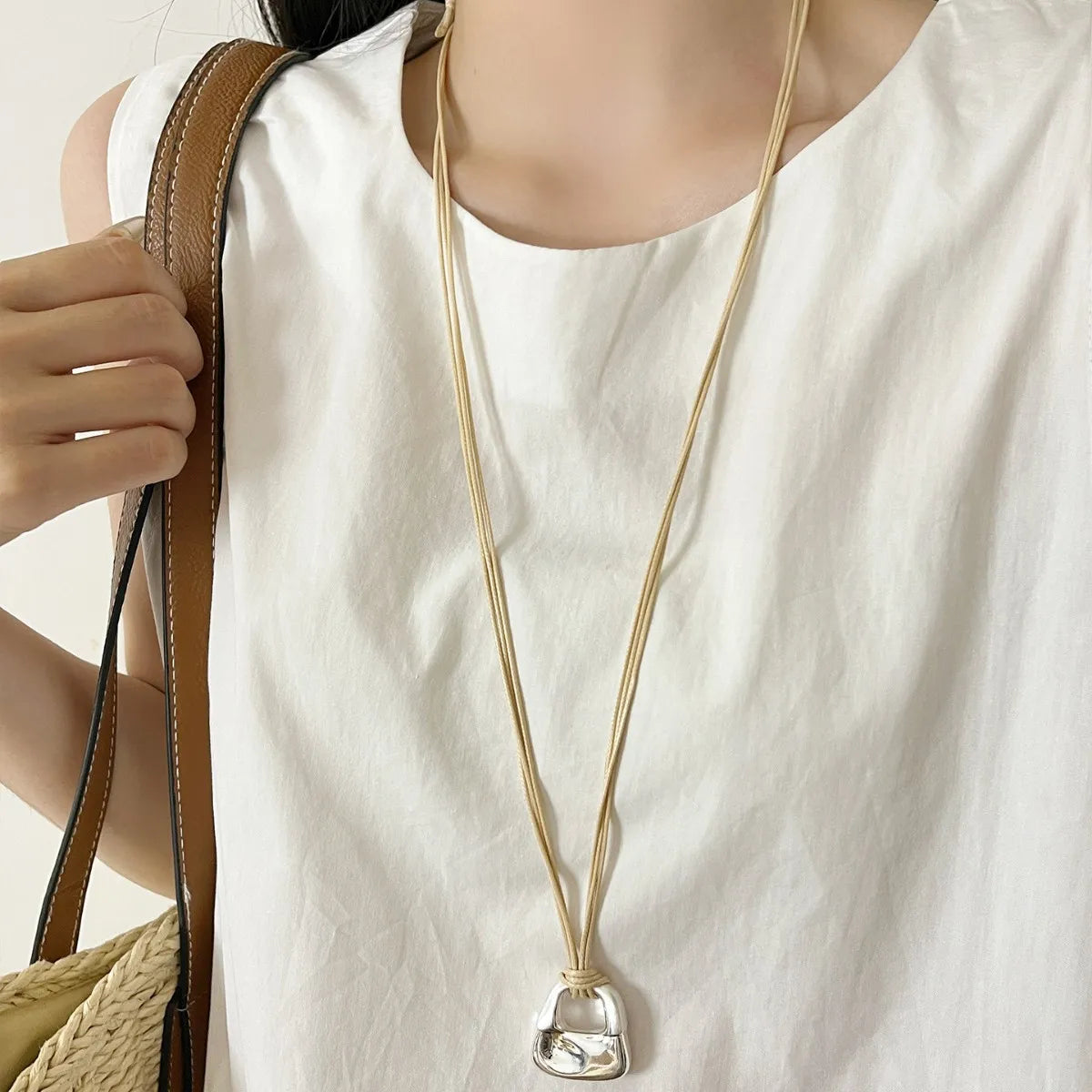 Silver Color Bag Pendant Long Necklace Black Rope Sweater Chain