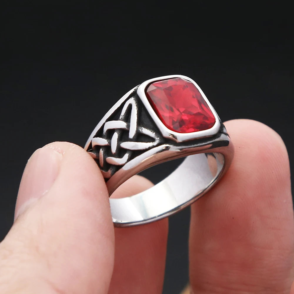 Punk Vintage Square Red Stone Signet Rings For Men Women Stainless Steel Nordic Vikings Knot Rune Ring Fashion Jewelry Wholesale - Madeinsea©