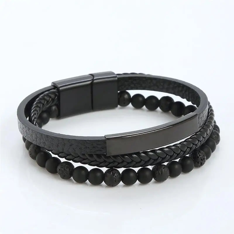 Fashion Cross Charm Mutilayer Leather Bracelet with Stainless Steel Clasp Men Punk Beaded Leather Bracelet For Men Jewelry Gift