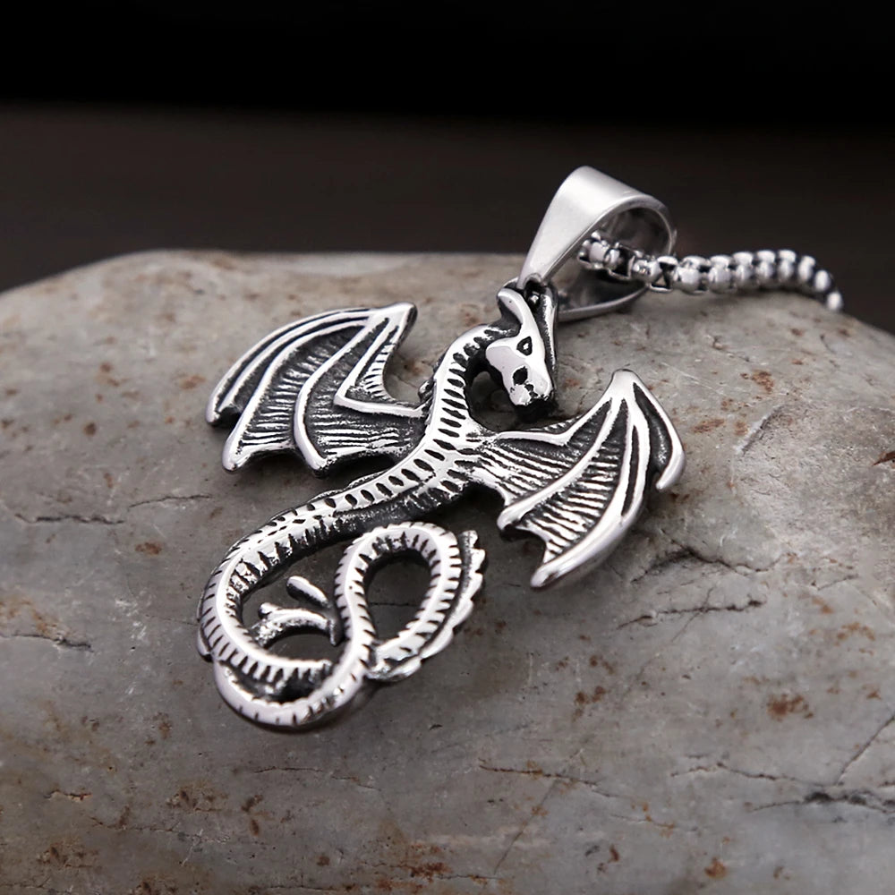 Punk Vintage Flying Dragon Pendant Necklace for Men Women Biker Stainless Steel Pterosaur Choker Necklaces Charm Jewelry Gifts