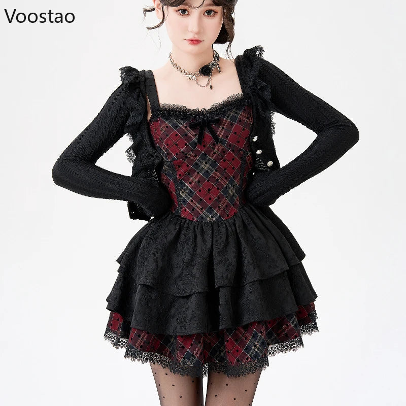 Y2k Aesthetic Elegant 2 Piece Set Women Lolita Style Knitted Cardigan Red Black Plaid Cake Dresses Suit Fashion Gothic Outfits