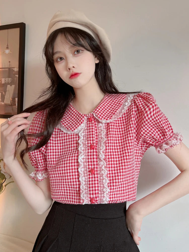 Sweet Lolita Style Plaid Blouses M-2XL Women Kawaii Lace Embroidery Ruffles Short Sleeve JK Shirts Girly Cute Y2k Blusas Mujer