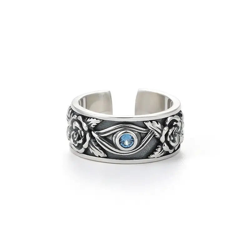 Retro Blue Horus Eye Rose Ring For Men Silver Color Punk Gothic Adjustable Ring Handmade Unisex Jewelry Accessories Lovers Gift