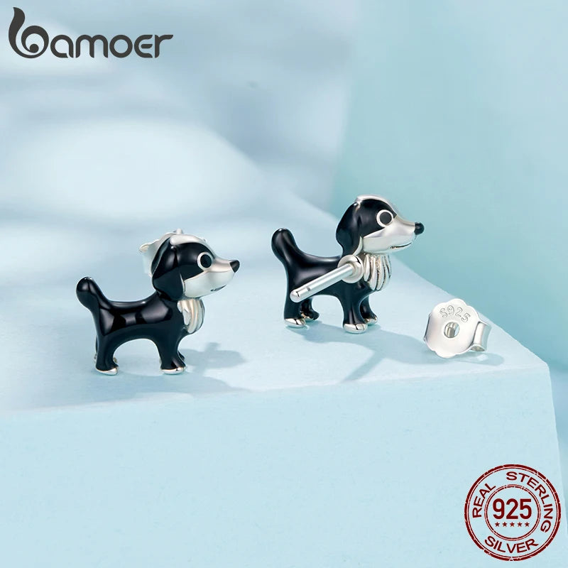 BAMOER 925 Sterling Silver Cut Border Collie Stud for Pet Lover, Enamel Black Playful Dog Piercing Hypoallergenic Earrings