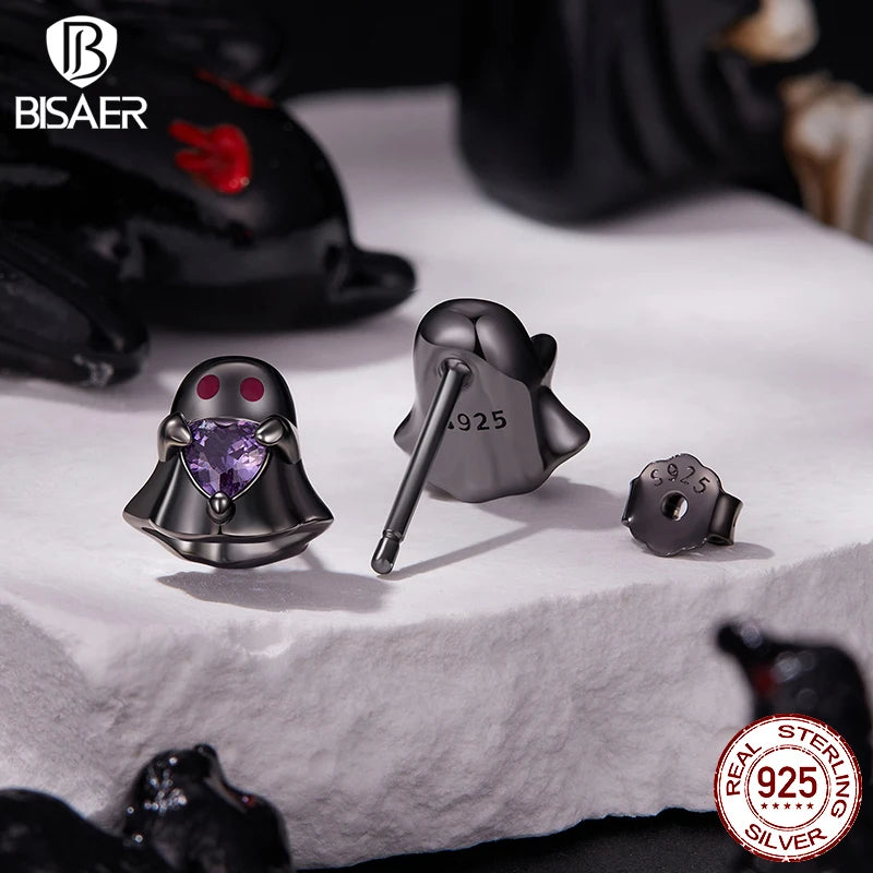 BISAER 925 Sterling Silver Ghost Stud Enamel Black Process Earrings for Women Party Fine Jewelry Halloween Gifts ECE1961