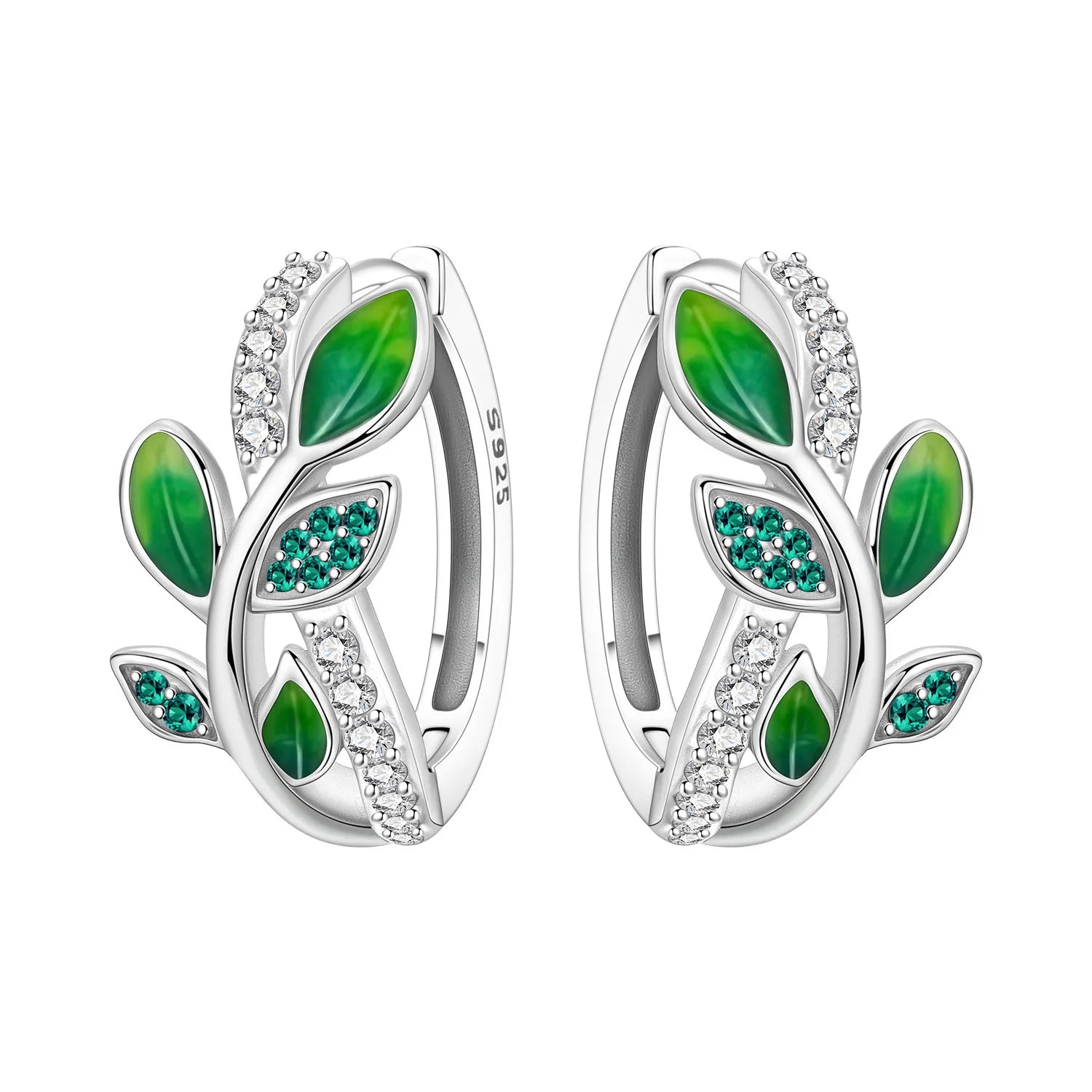 PANPOKI Original 925 Sterling Silver Green Zircon Leaves Earrings Women Hoop Earring Anniversary Jewelry Trendy Gifts