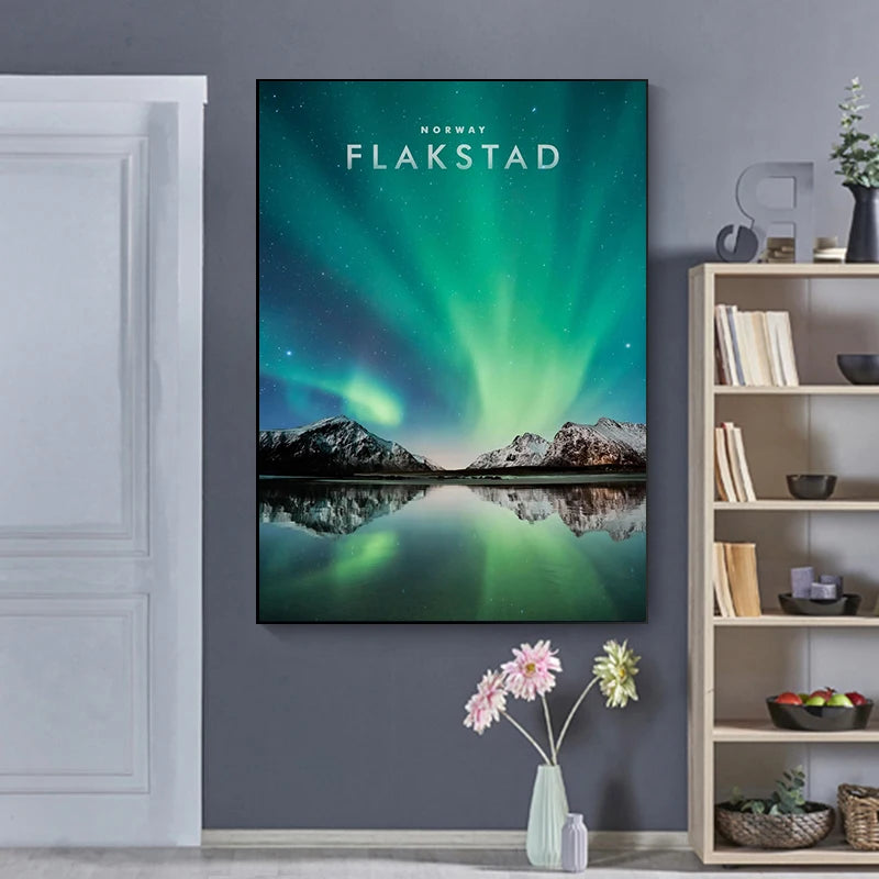 Travel City Norway Art Canvas Painting Print Poster Aurora Mountain Wall Modern Picture for Living Room Home Decor No Frame