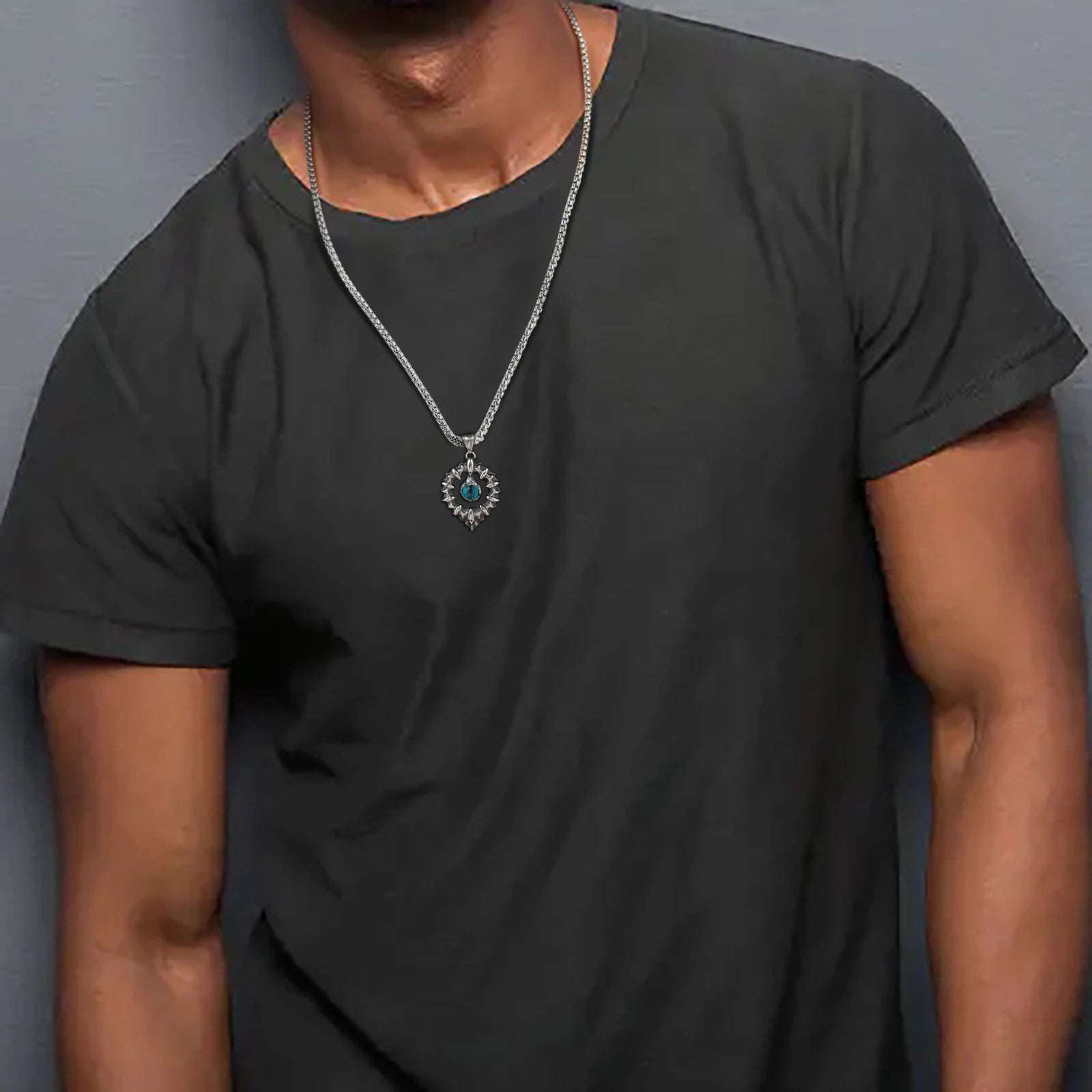 Vnox Men's Biker Punk Rock Pendant Necklaces, Blue Evil Eye Charm with Waterdrop Frame Pendant, Protection Accessory