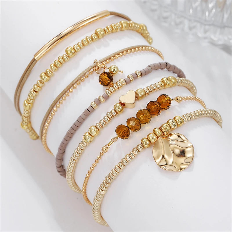 7Pcs Bohemian Heart Beads Round Pendant Bracelets For Women Elastic Beaded Stretchy Strand Chain Bangle Set Girl Party Jewelry