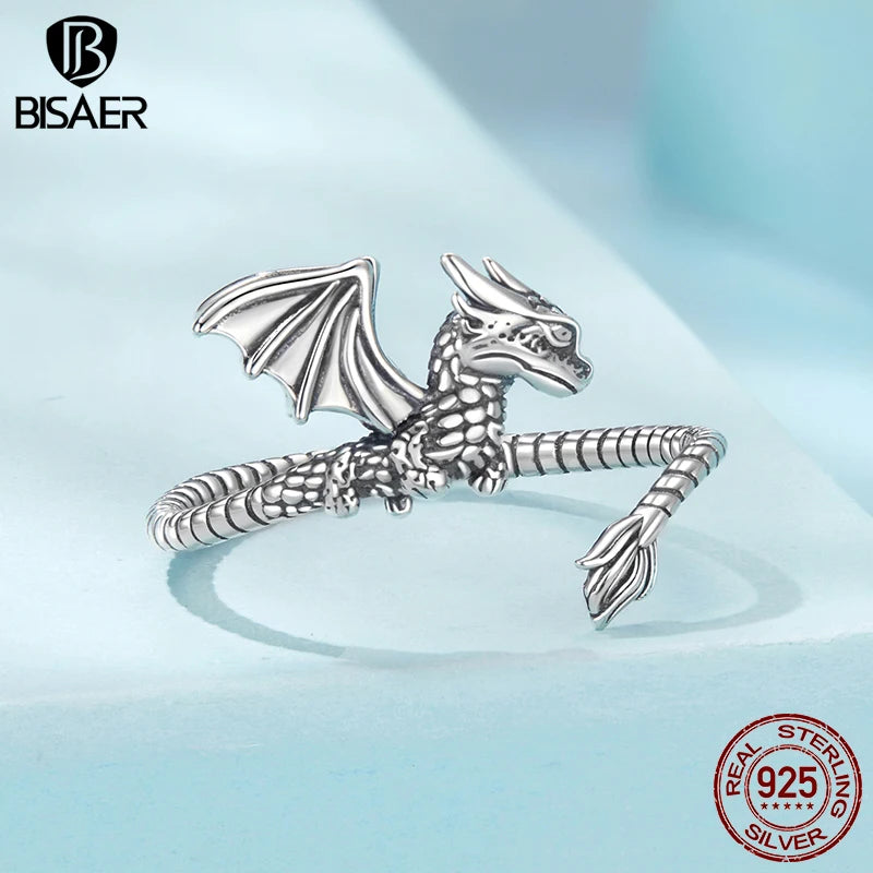 BISAER 925 Sterling Silver Flying Dragon Open Ring Retro Dragon Adjustable Size 5-9 Band for Women Party Original Fine Jewelry