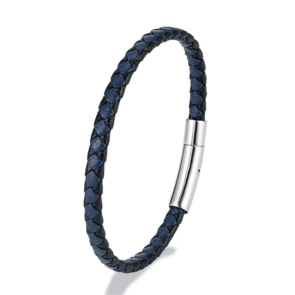 MKENDN Bracelet en cuir tressé noir bleu de style simple Bracelet en acier inoxydable avec boucle magnétique Bijoux pour hommes femmes Couple Cadeau