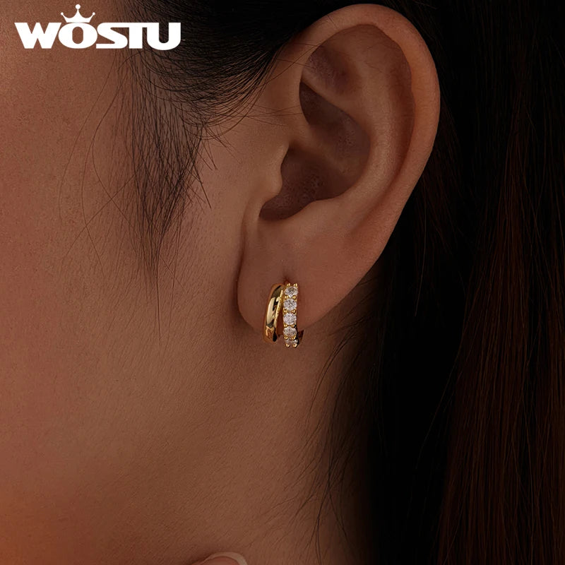 WOSTU Double-layer Moissanite Huggies Earrings For Women , 925 Sterling Silver 18K Gold Diamond Cut Sparkling Circle Earrings