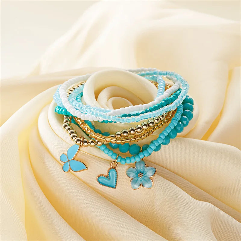 9pcs/set Bohemian Butterfly Flower Pendant Bracelet for Women Handmade Rice Beads Stacked Bracelet Summer Beach Party Jewelry - Madeinsea©