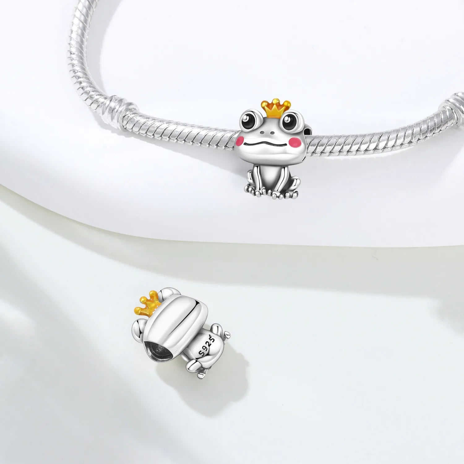 PANPOKI 925 Sterling Silver Cute Crown Frog Animal Charms Beads Fit Bracelets DIY Party Decoration Gifts Jewelry Accessory