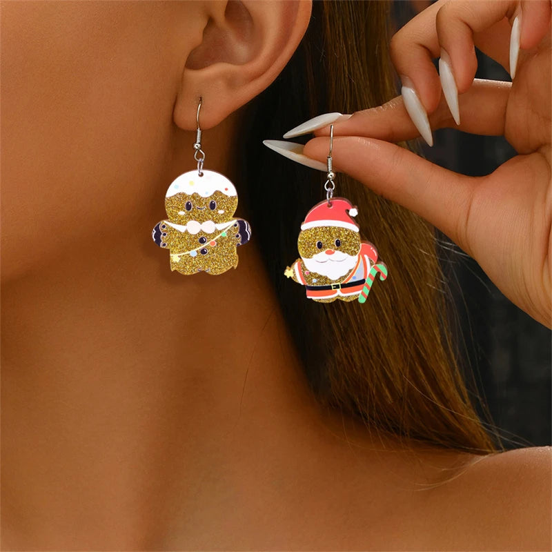 Christmas Gingerbread Man Santa Claus Asymmetrical Dangle Earring for Women Cute Xmas Hat Dog Kitten Acrylic Earrings Jewelry