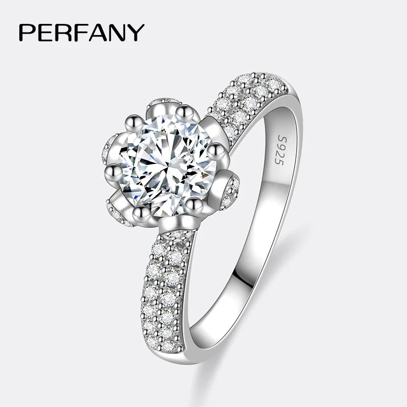 PERMANY 1-5CT Moissanite Ring S925 Pure Silver Six Claw Petal Design Bridal Eternal Ring Women's Wedding Jewelry