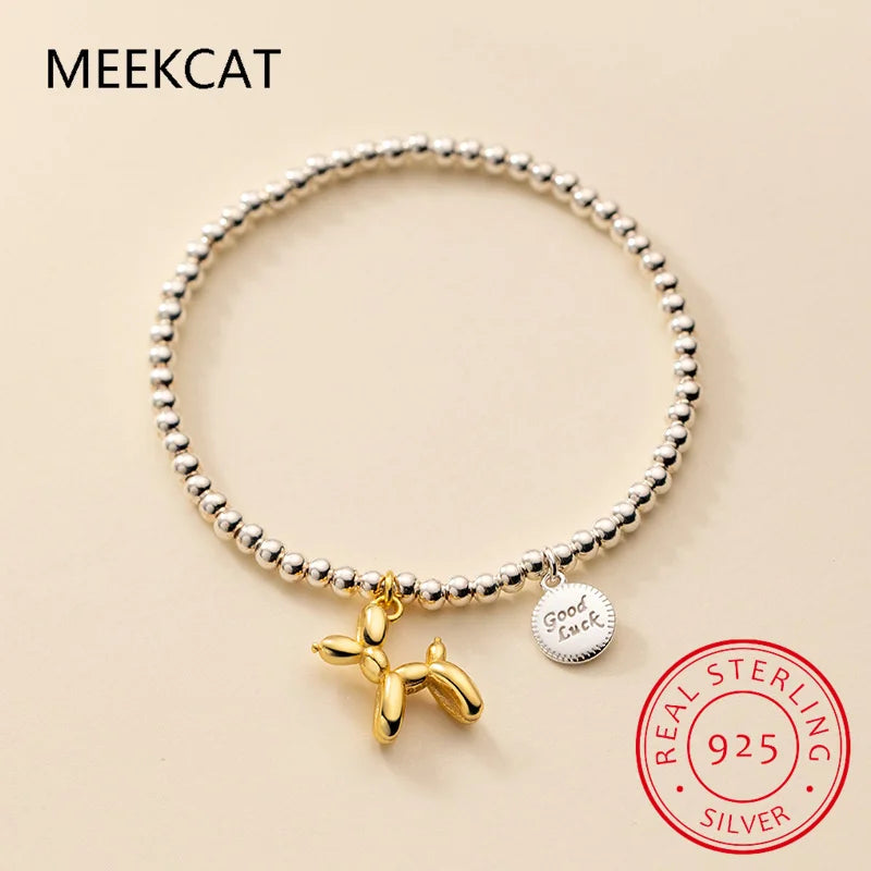 Genuine 925 Sterling Silver Minimalist 3mm Beads Animal Balloon Dog Elastic Bracelet For Women Wedding Jewelry DA2609