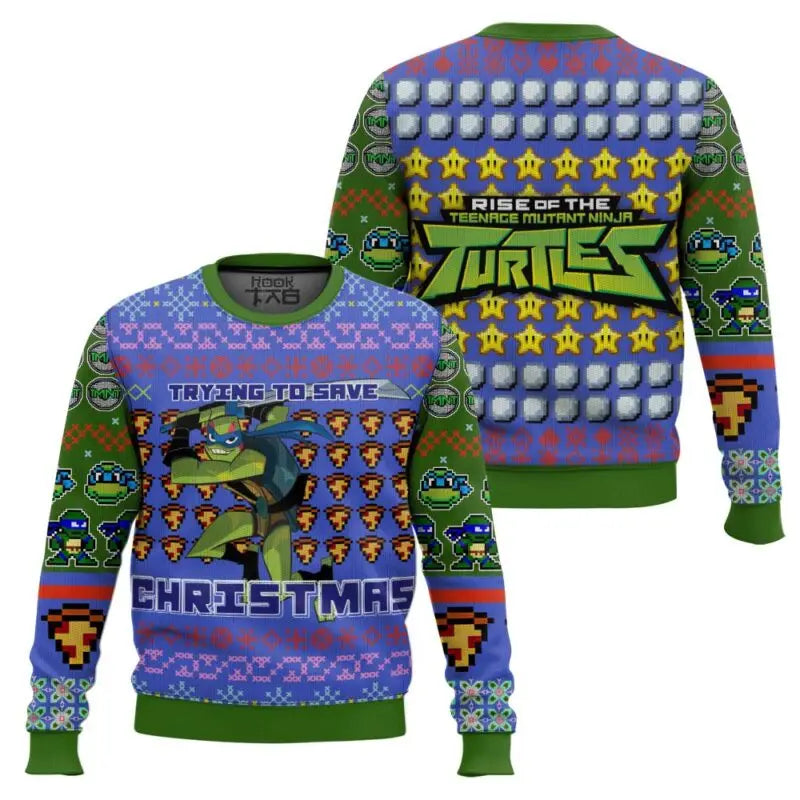 Men Round Neck Christmas Ugly Sweater With Full Print Personalized Fashion Trend Cool Street Vitality Ninja Turtle Fans Pursuing