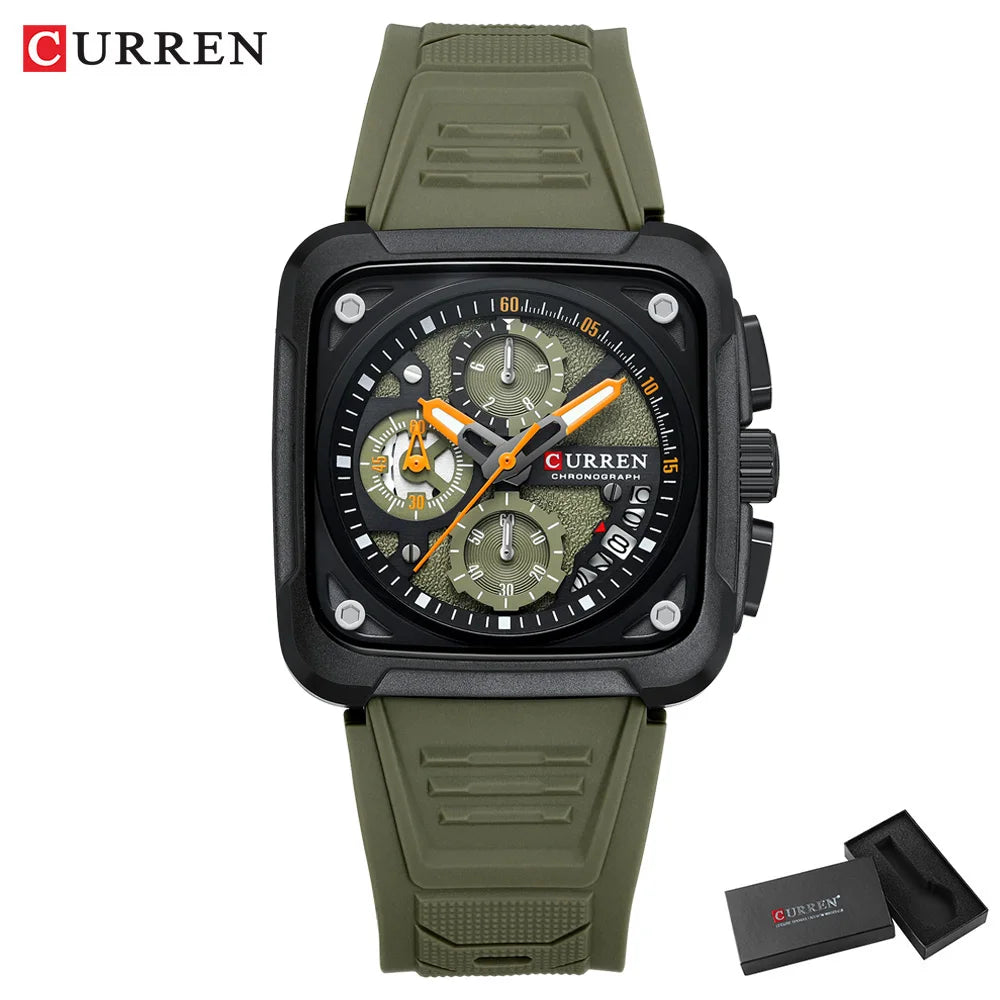 CURREN Men's Watches Brand Sporty Unique Square Dial with Chronograph Male Quartz Wristwatch with Silicone strap Waterproof