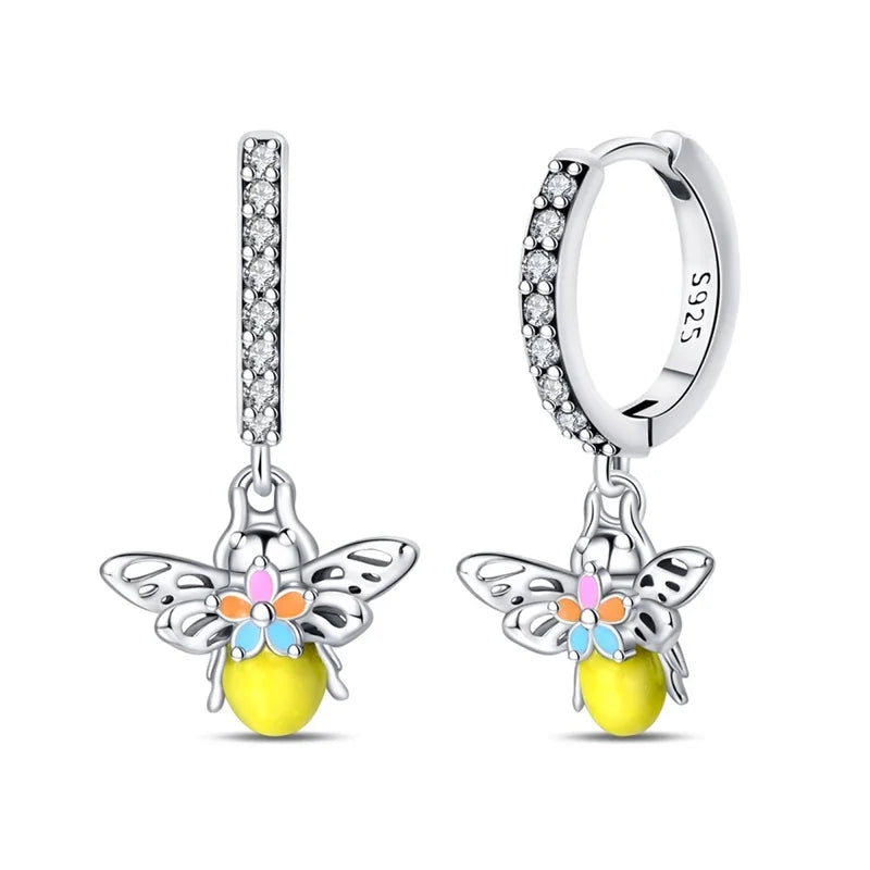 Classic Earrings For Women Girls 925 Silver Sparkling Four Leaf Clover Dragonfly Bees Double Hoop Earrings Luxury Party Jewelry