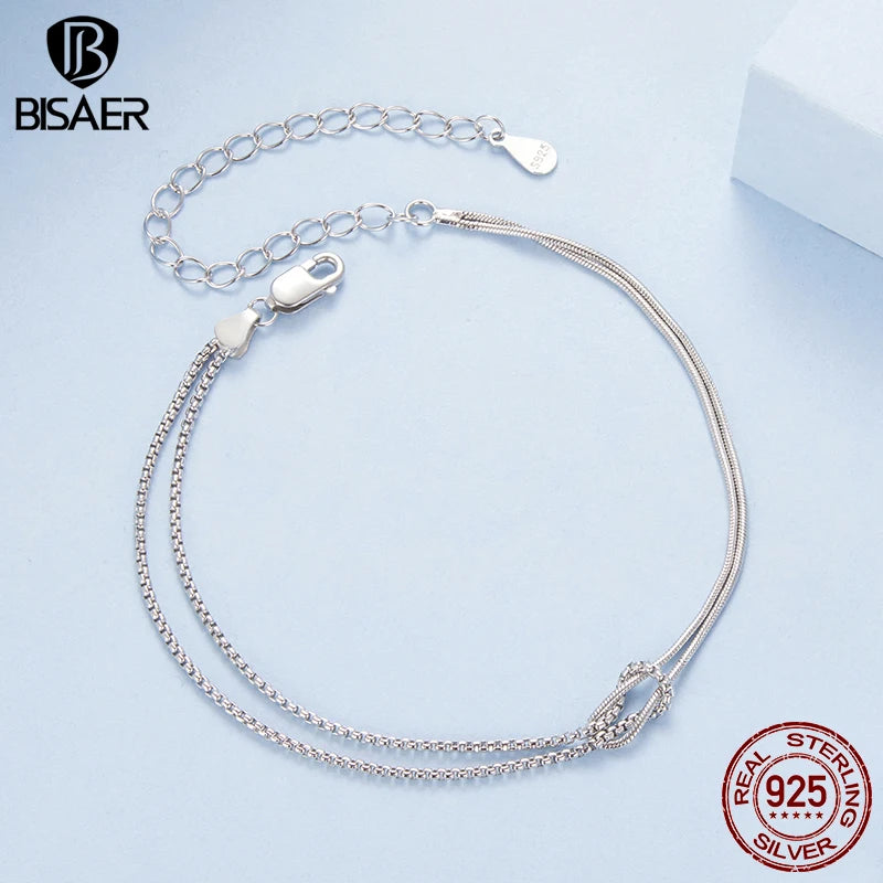 BISAER 925 Sterling Silver Crossed Bracelet Double Layer Adjustable Chain Plated White Gold for Women Wedding Fine Jewelry Gift