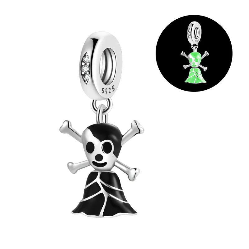 Halloween 925 Sterling Silver Skull Charm Luminous Pumpkin Bat Ghost Coffin Bead Pendant Ring Necklace Bracelet DIY Jewelry Gift