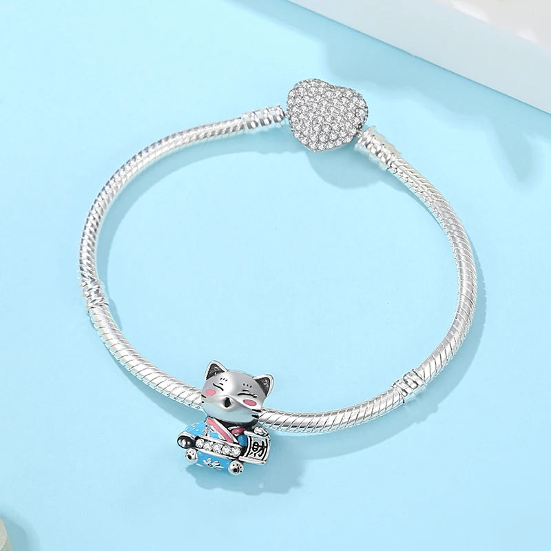 925 Sterling Silver Charms Beads Original Japanese Doll Fortune Cat Charm Fit Brand Bracelets Bangles DIY Jewelry For Women