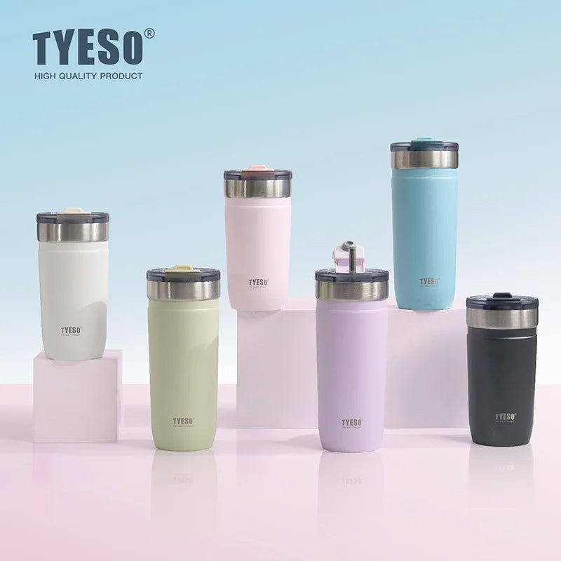 Tyeso Stainless Steel Tumbler with Straw Insulated Coffee Cup Leak-Proof Travel Mug Hot &Cold Thermos Bottle for Car Office Gym