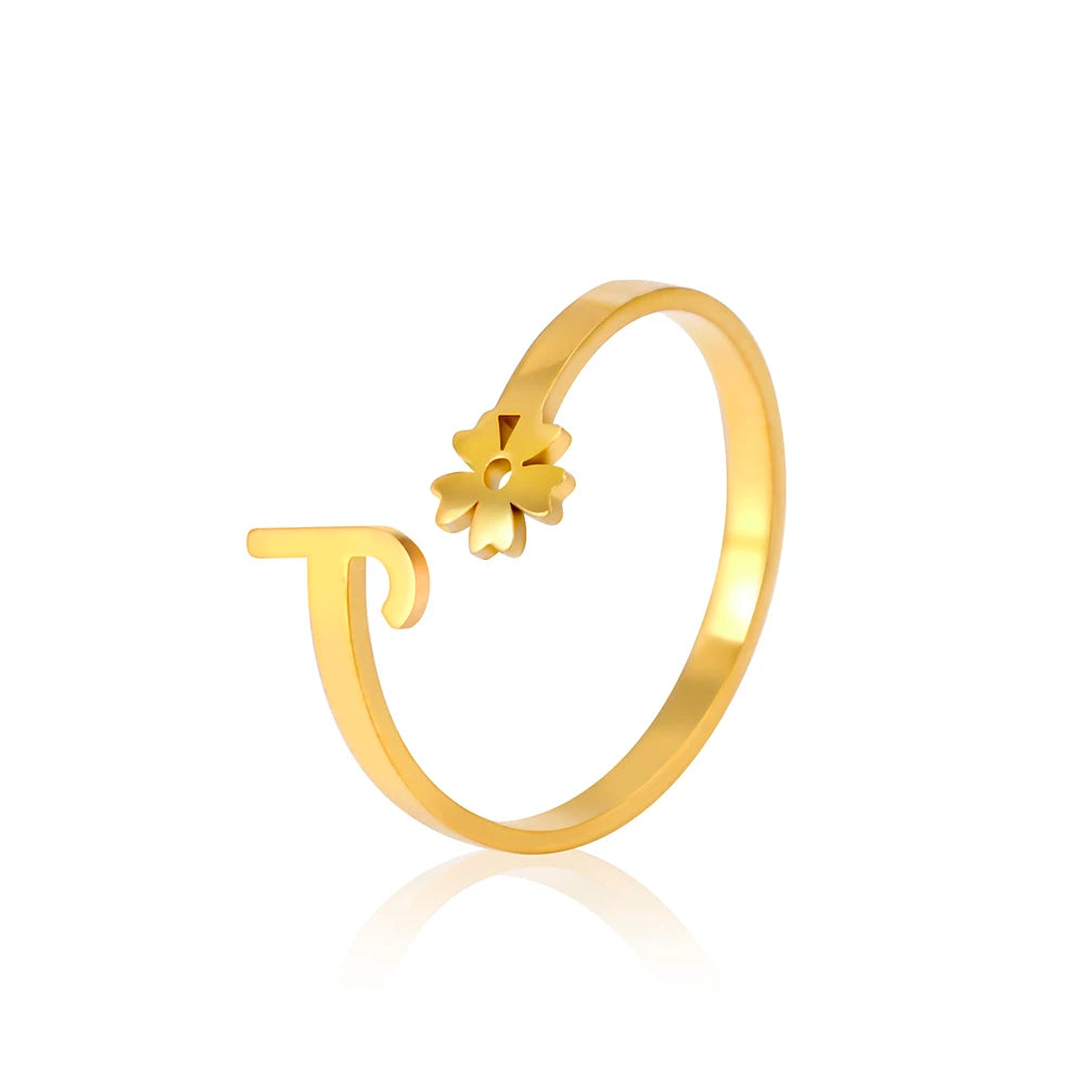 Stainless Steel Flower 26 Alphabet Open Ring for Women A-Z Initial Name Ring 2022 New Fashion Jewelry for Birthday Gift