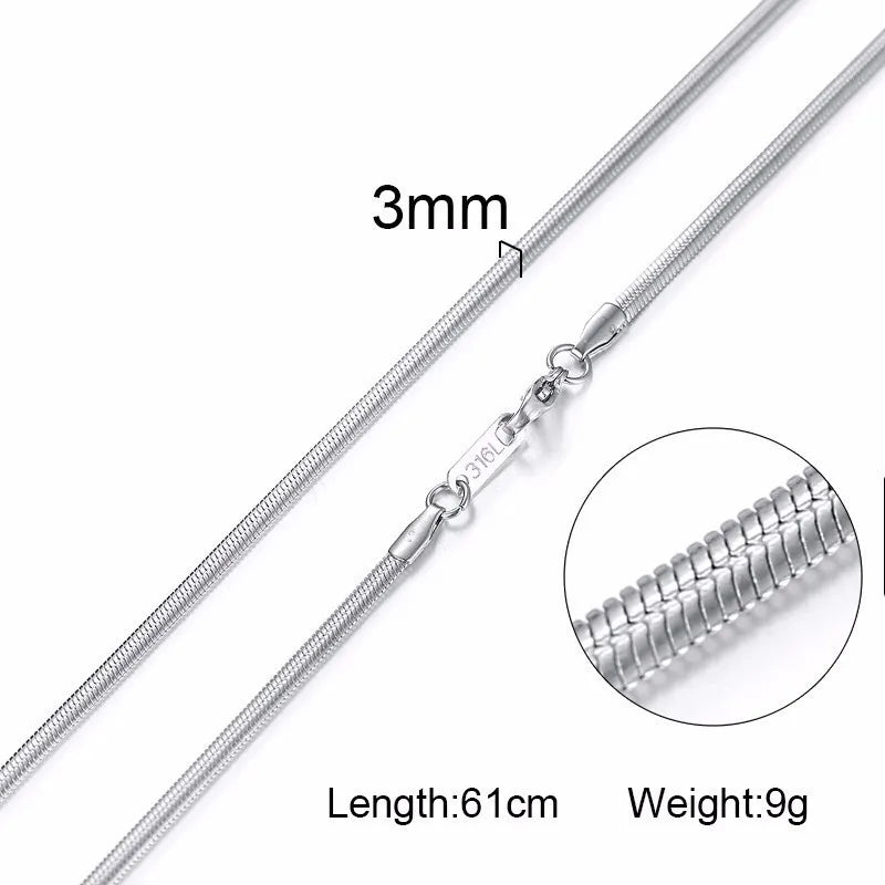 Collier ras du cou pour homme Vnox Dropshipping, chaîne gourmette plate en acier inoxydable, motif serpent ton sur ton, 3-6 mm, 61 cm (24 pouces).