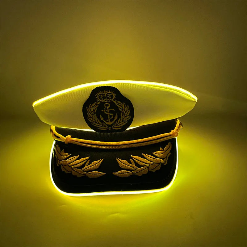 New Luminous White Sailor Captain Yacht Caps Wheat Embroidery LED Glow Navy Marine Hat Men Women Cosplay Halloween Costume Hats