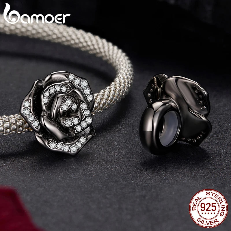 Bamoer 925 Sterling Silver Dark Rose Silicone Beads Vintage Flower Pearl Pendant for Women DIY Bracelet Accessories Punk Gift
