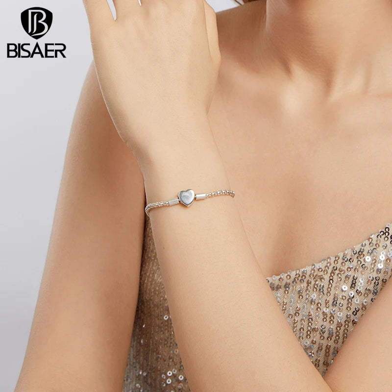 BISAER Real 925 Sterling Silver Heart Basic Bracelet Love Starry Bracelets for Women Charms Beads DIY Fine Jewelry EFB209