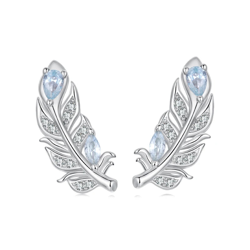 WOSTU 925 Sterling Silver Ice Blue Feather Stud Earrings For Women Winter Xmas Gift, Dainty Bohemian s925 Studs Wedding Jewelr