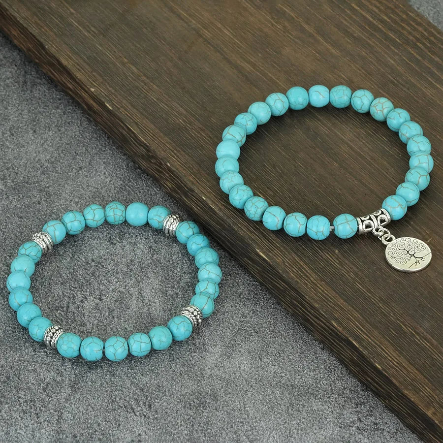 Handmade 2Pcs Men Bracelet Set Tree Of Life Braslet 8mm Lava Howlite Stone Strand Braclet Yoga Meditation Healing Jewelry Homme