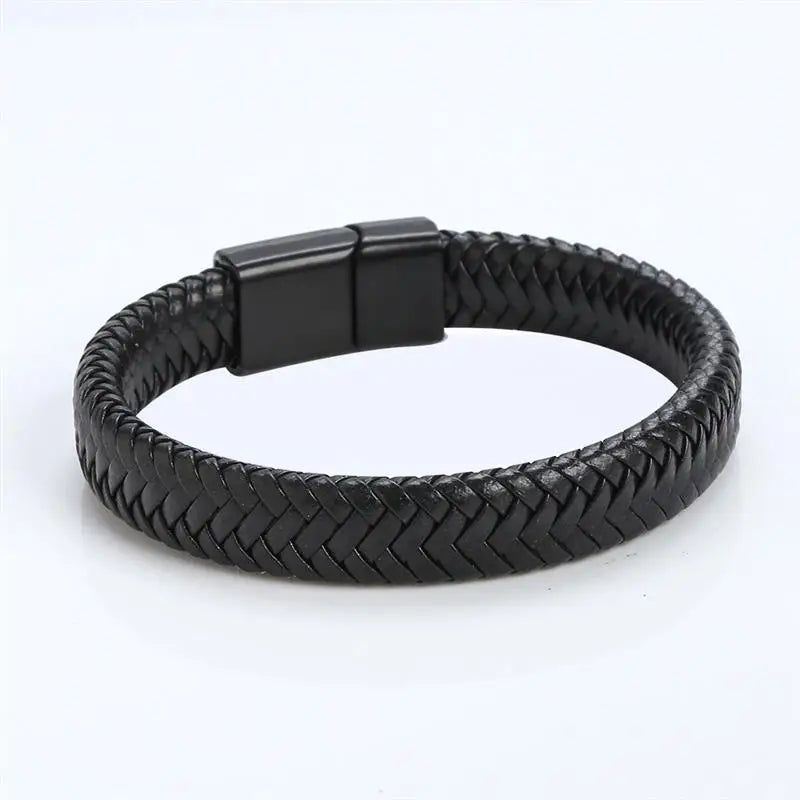 Jiayiqi Punk Men Jewelry Black Braided Leather Bracelet Stainless Steel Magnetic Clasp Fashion Bangles Wholesale Customize