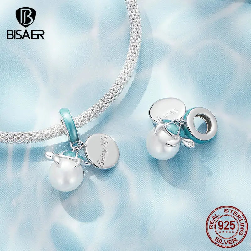 BISAER Real 925 Sterling Silver Bule Turtle Crab Charm Bead Sea Shells Pendant For Women DIY Bracelet & Necklace Holiday Gifts