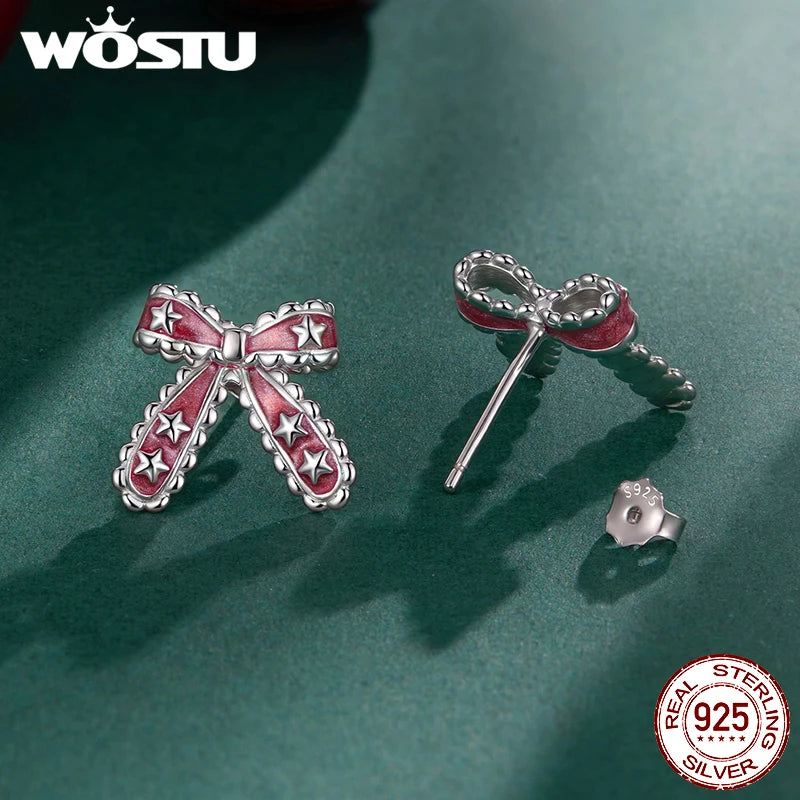 WOSTU Solid 925 Sterling Silver Silver Red Bow Earrings with Stars, Cute Xmas New Year Gift