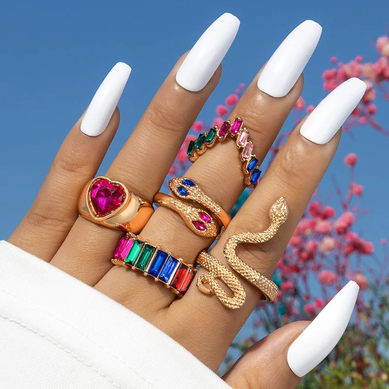 New Crystal Geometric Kunckle Ring Set For Women Colorful Rhinestone Heart Butterfly Snake Wedding Finger Ring Boho Jewelry