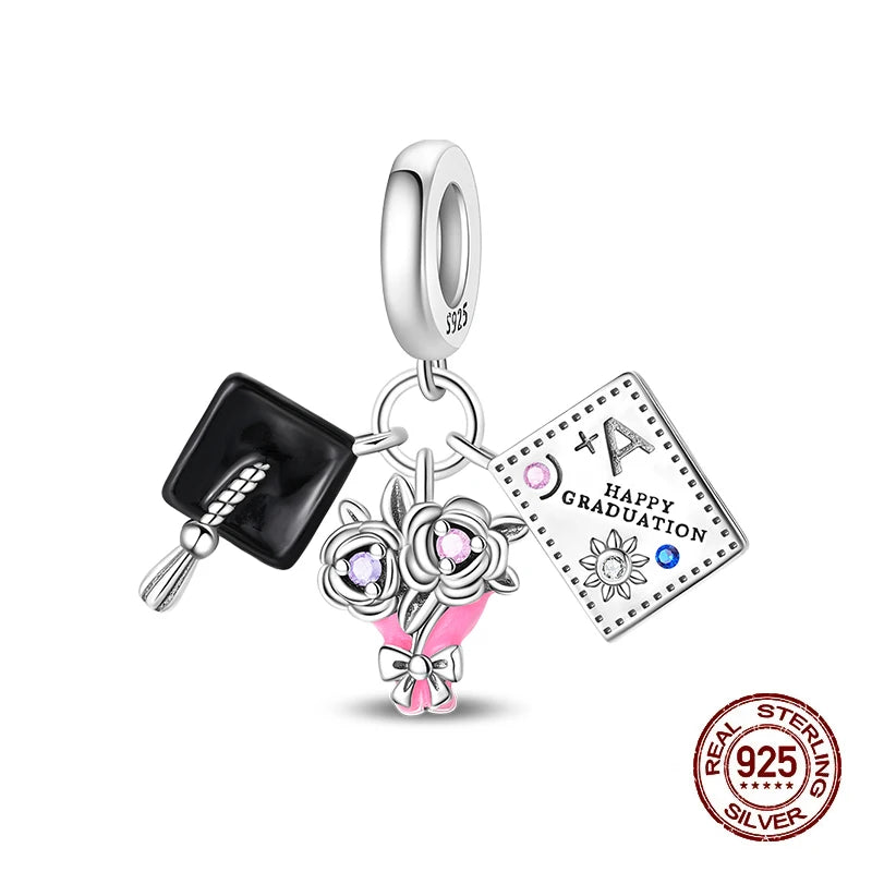 Original 925 Sterling Silver Charms Beads Graduation Season College Entrance Bachelor's Cap Pendant for Bracelet Charm Jewelry