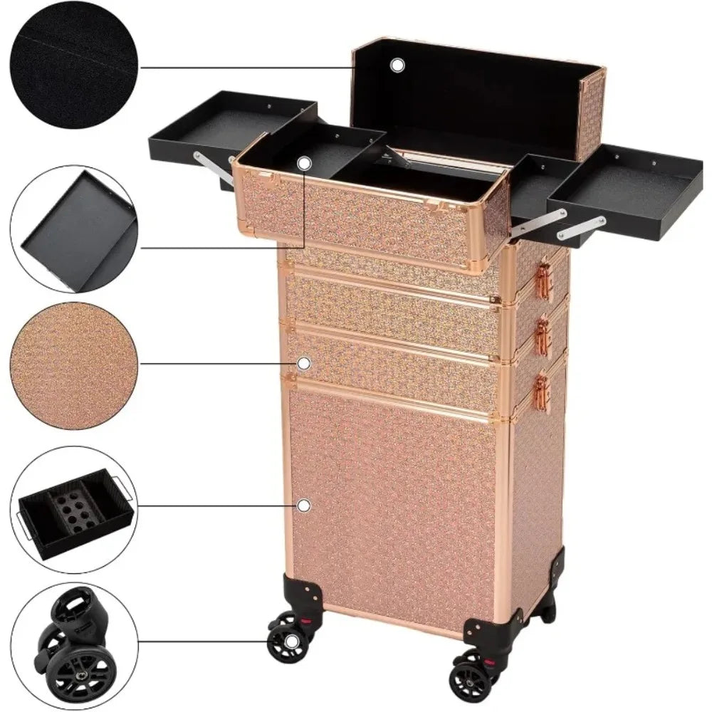 4 in 1 Portable Traveling Aluminum Professional Makeup Trolley Cart with Multiple-Sized Compartments and Wheels (baby's breath g