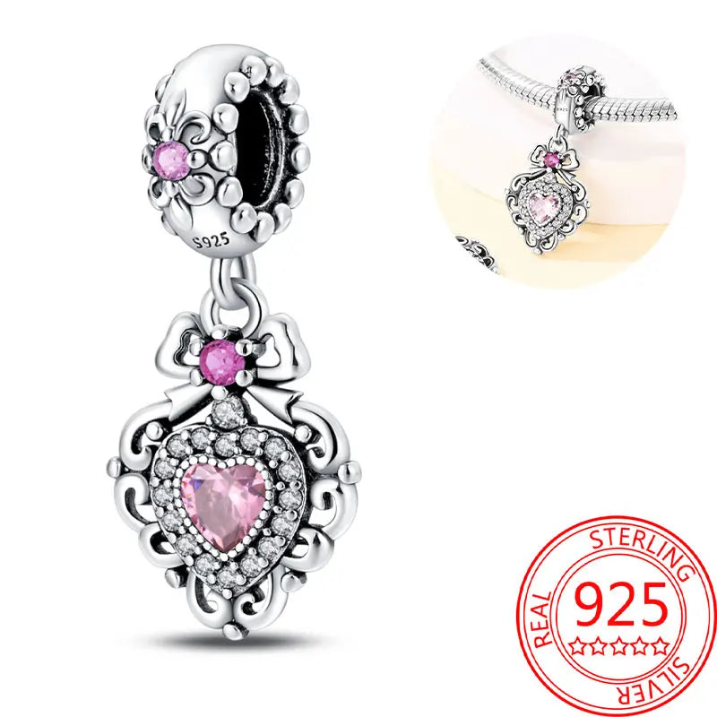 925 Sterling Silver Sparkling Pink Heart Charm Pendant Beads Fit Original Bracelet for Women Valentine Day Jewelry Gifts