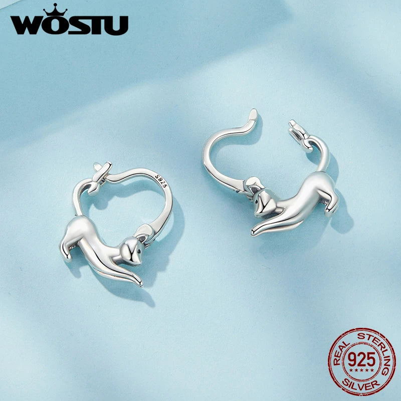 WOSTU Pet Cat Earrings Solid 925 Sterling Silver Lovely Cats Huggie Hoop Earrings Fine Jewelry gift For Family Daughter Girl