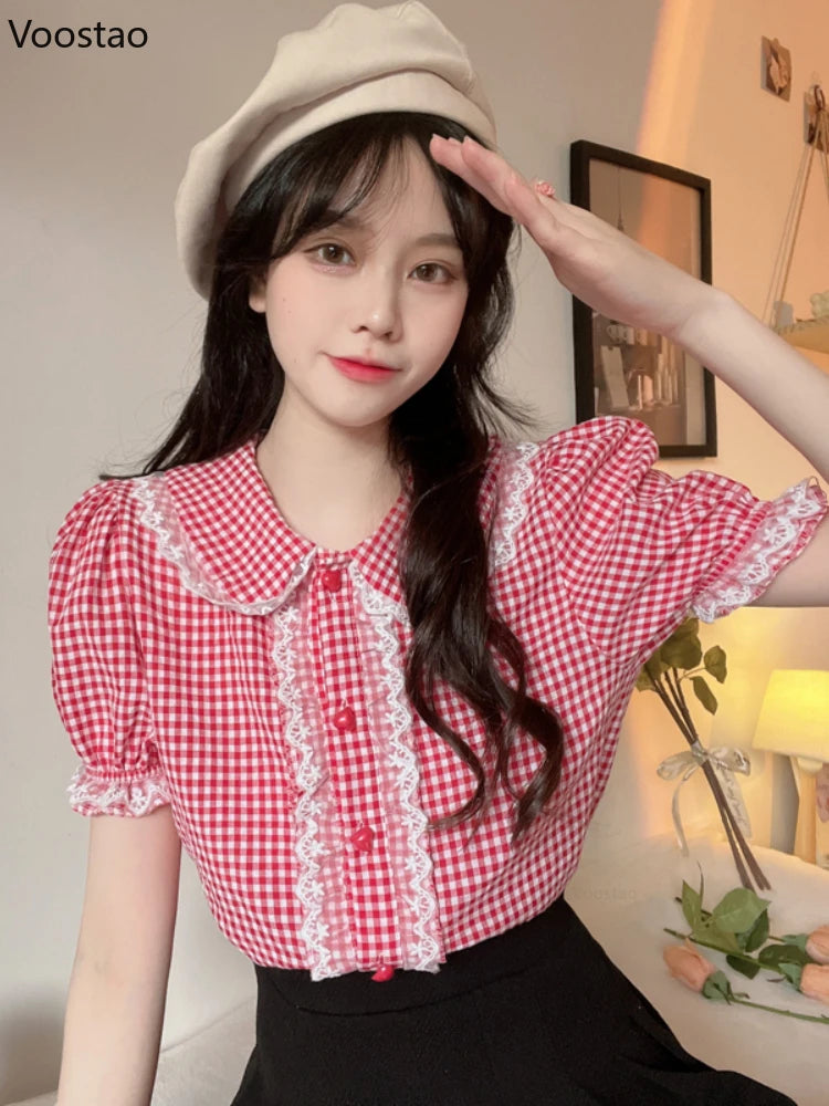 Sweet Lolita Style Plaid Blouses M-2XL Women Kawaii Lace Embroidery Ruffles Short Sleeve JK Shirts Girly Cute Y2k Blusas Mujer