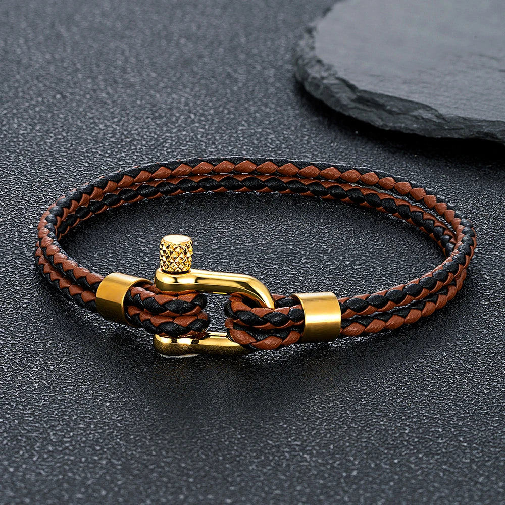 MKENDN Gold Plated Stainless Steel Shackle Bracelet Men Women Simple Double Layer Braided Blue Leather Bracelets Handmade Gifts