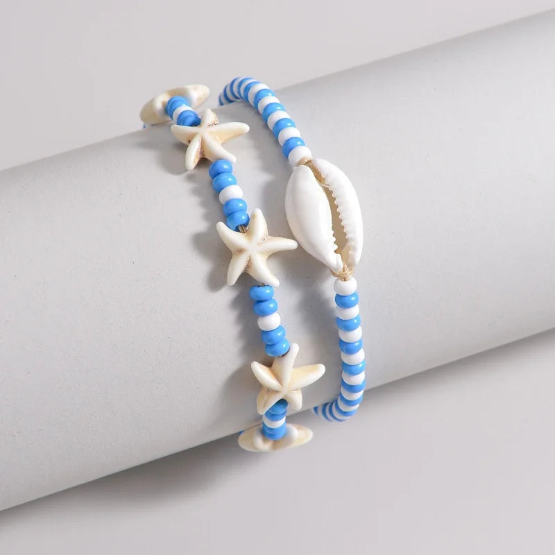Cute Starfish Shell Blue White Rice Beads Foot Chain Anklet Sets For Women Ankle Bracelet Elastic Rope Beach Jewelry Accessories - Madeinsea©