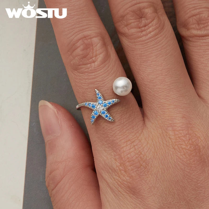 WOSTU Ocean Jewelry 925 Sterling Silver Starfish Turtle Open Ring Women Blue Conch Manta Fish Stackable Rings Holiday Beach Wear