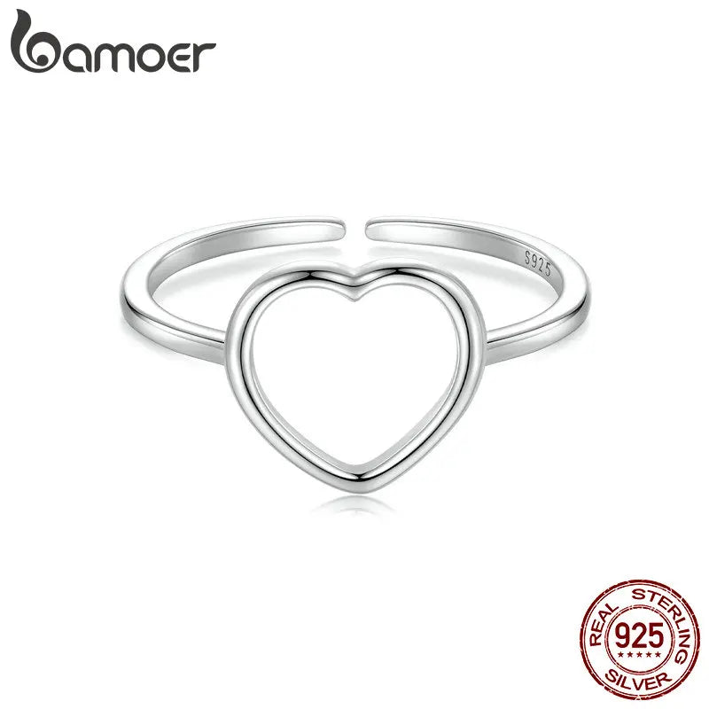 BAMOER Sterling Silber 925 Einfache Herz Offene Ringe Minimalistischen Verstellbaren Ring für Frauen Statement Ring Schmuck Geschenk BSR593-E
